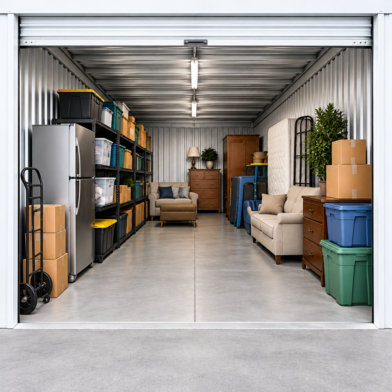 Inside a storage unit filled with furniture, a refrigerator, shelving, boxes, and storage bins